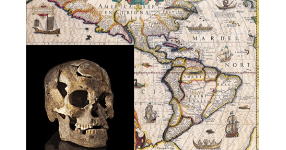 Map of the Americas circa 1619. Insert: Paleoamerican skull from Burial 1, Lapa do Santo site, Brazil. 