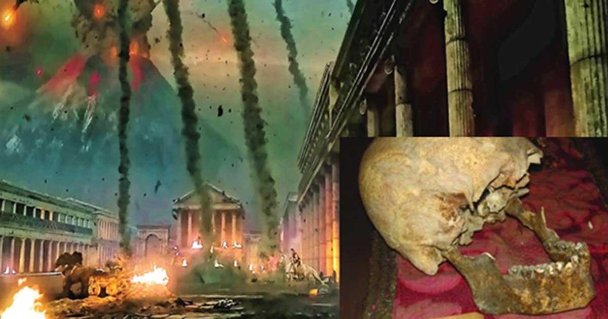 Scene of destruction in the film “Pompeii 3d” (2014). (La Stampa/CC BY NC ND) Insert: Remains of a skull attributed to Pliny the Elder from the Museo di Storia dell'Arte Sanitaria in Rome. 