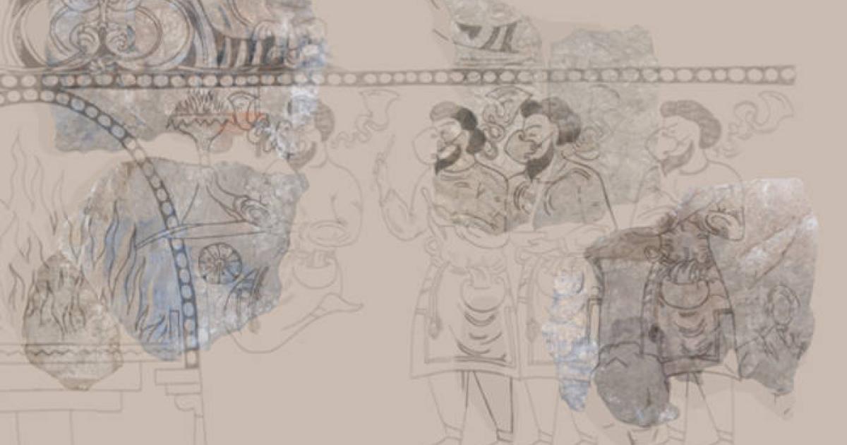 Reconstruction of the scene of fire worship from the ‘Rectangular Hall’ laid over reconstructed placement of the painting fragments from the scene of fire worship