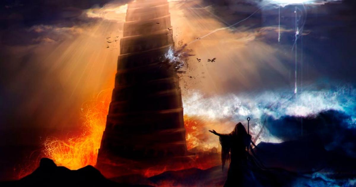 Sorcerer in hood standing in front of an ancient destructed Babylon tower with flood, fire & hurricane illustration
