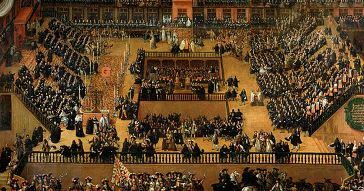Painting of the 1680 auto de fé, at Plaza Mayor in Madrid.		Source: Public Domain