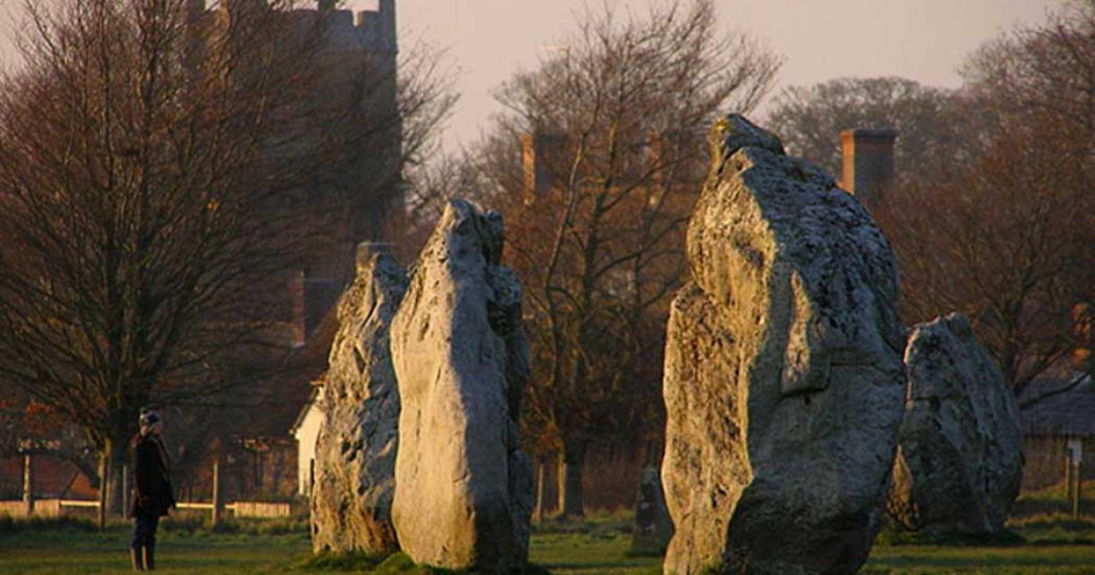 Stones in the South Circle viewed from the south-east quadrant bank. The tower of St James church is in the background.