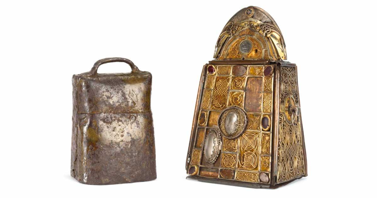 St. Patrick’s Bell (left) is a simple design. The shrine (right) later designed to cover it is quite intricate. Source: National Museum of Ireland / CC BY SA 2.0