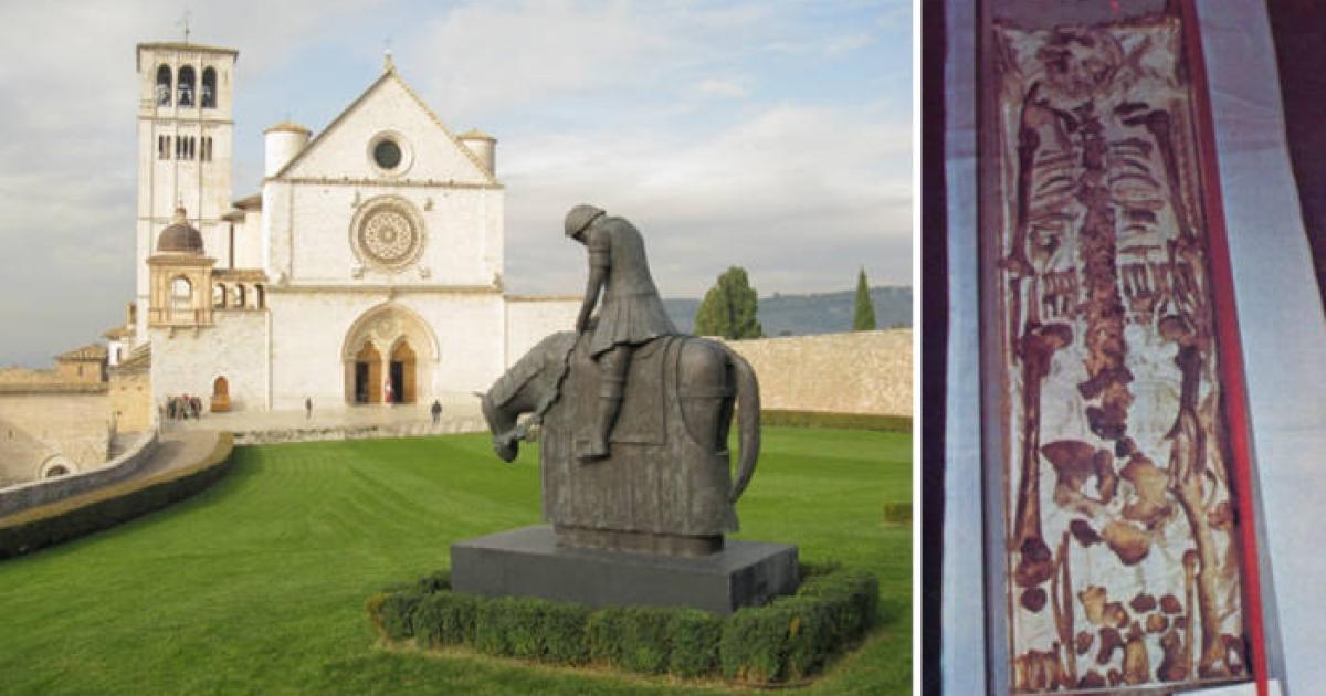 Left; The Basilica of Saint Francis in Assisi, Italy, where the saint's remains will be displayed in 2026. Right, The skeletal remains of St Francis of Assisi. 