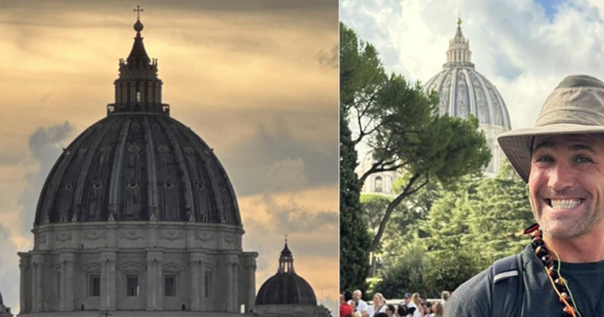 Left; Sunset behind the mighty dome of St. Peter’s Basilica, Vatican City. Right; The author with the dome of St. Peter’s taken from the Vatican Gardens. 