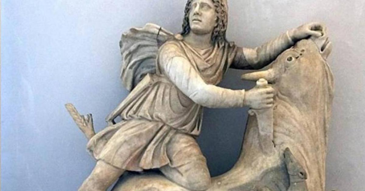 Statue of Mithras sacrificing the bull. Second half of 2nd century AD. Originally found in Rome. Museo Archeologico Nazionale, Venice, Italy.