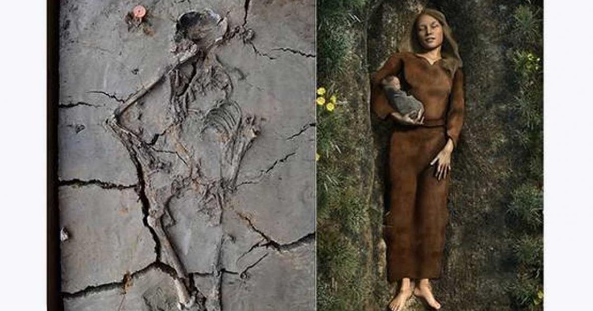 Left: The baby was found tucked under the arm of a woman in a grave in Nieuwegein, the Netherlands. Right: An artist's impression of the grave. 