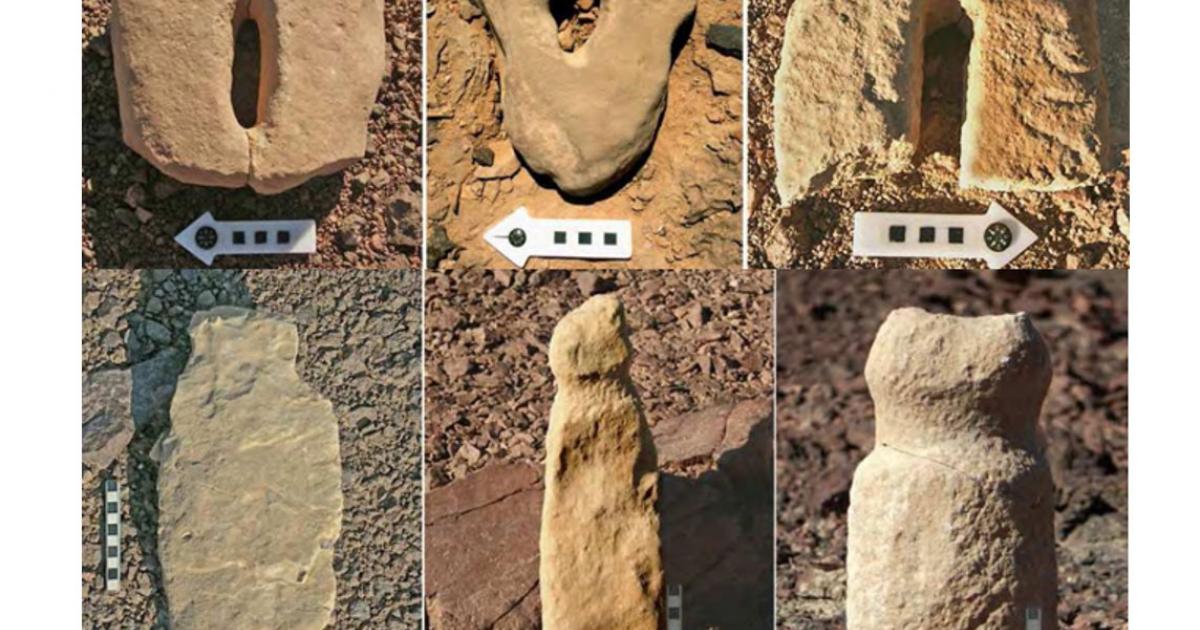 Stone worked in the shape of vulvas (top) and penises from neolithic cult sites in the Eilat Mountains 