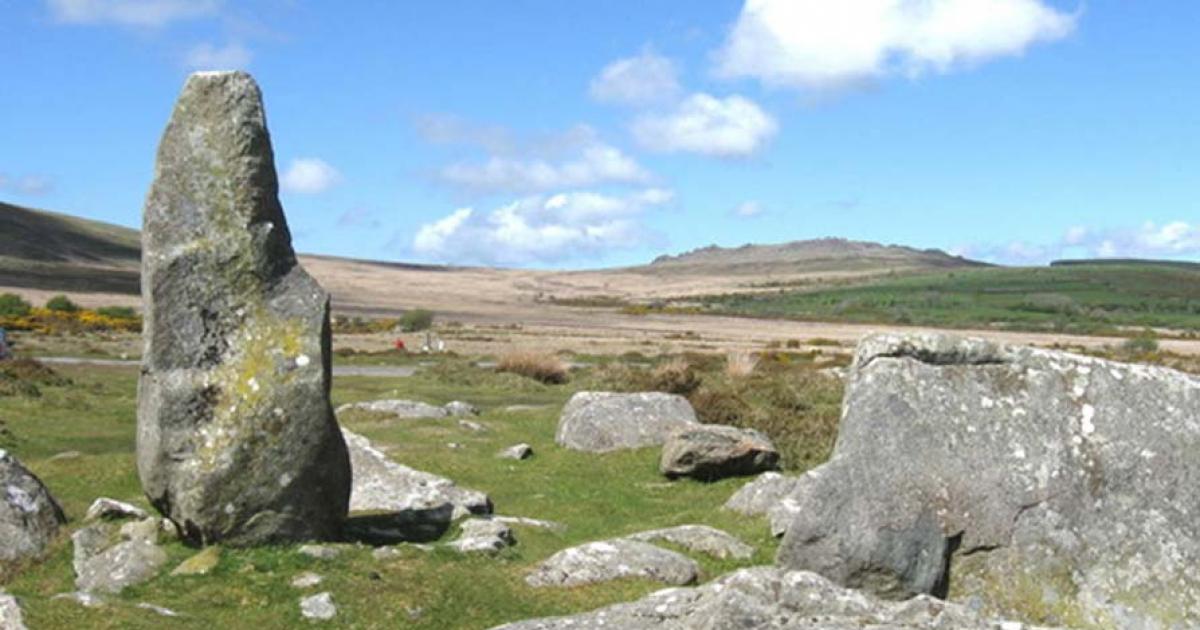 Mynydd Preseli hills and Waldo Williams memorial stone. The famous hills from where the bluestones of Stonehenge originated, pictured with the memorial monolith to poet Waldo Williams, 1904-1971