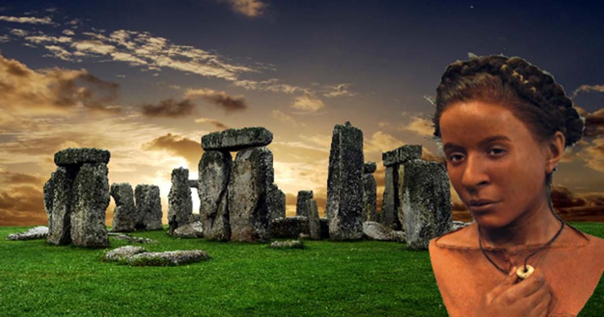 Stonehenge (Albo /Adobe Stock) and the reconstructed face of Whitehawk woman from the Neolithic period.