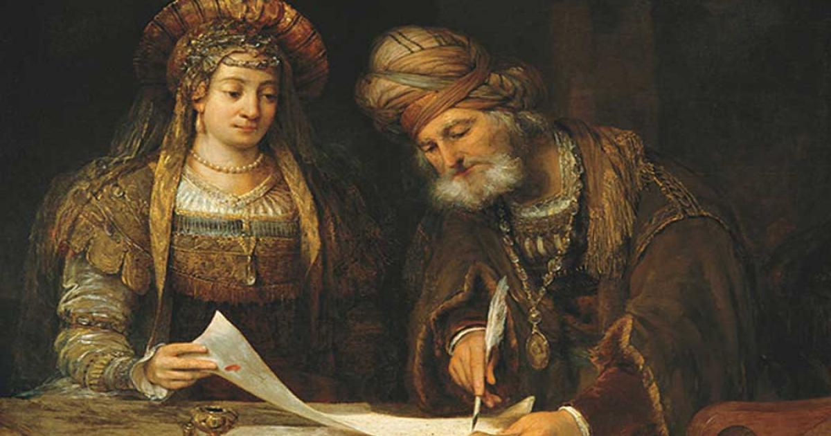 'Esther and Mordechai writing letters to the Jews’ (1675) by Aert de Gelder. 