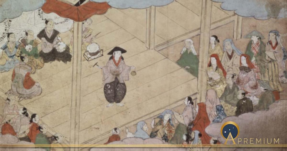 12th page of Kunijo Kabuki Ekotoba showing Izumo no Okuni, the founder of kabuki theatre, on stage. Edo Period, Keichō era (1596—1615) (Public Domain)