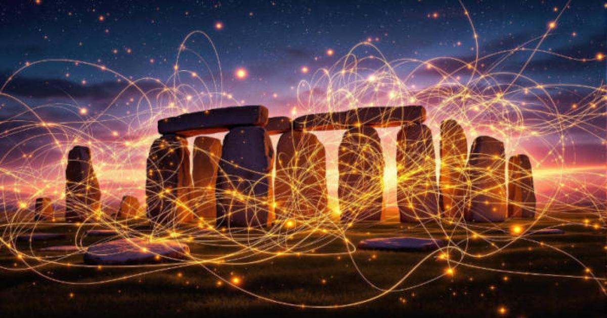  Ancient megalithic site glowing with vibrant subatomic wave patterns, ethereal particles, twilight. 