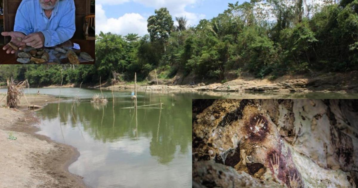 The Walanae River at Paroto, east of Talepu, where some of the tools were found. Inserts: Professor Mike Morwood in 2009 examining stone artifacts collected near Talepu and Hand stencils in the Cave of Fingers.