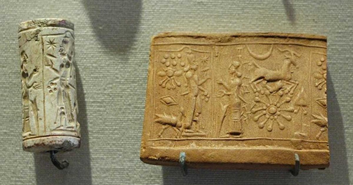 Cult scene: the worship of the sun-god, Shamash. Limestone cylinder-seal, Mesopotamia. 