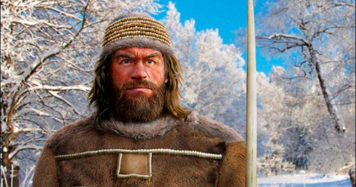 Reconstruction of Sungir man with mammoth tusk spear.