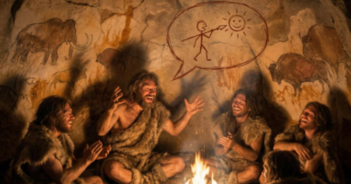 Early humans in a cave enjoying a humorous story.