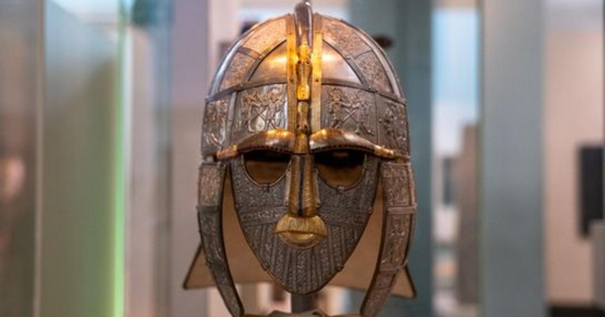 A replica of the Sutton Hoo helmet produced for the British Museum by the Royal Armouries.