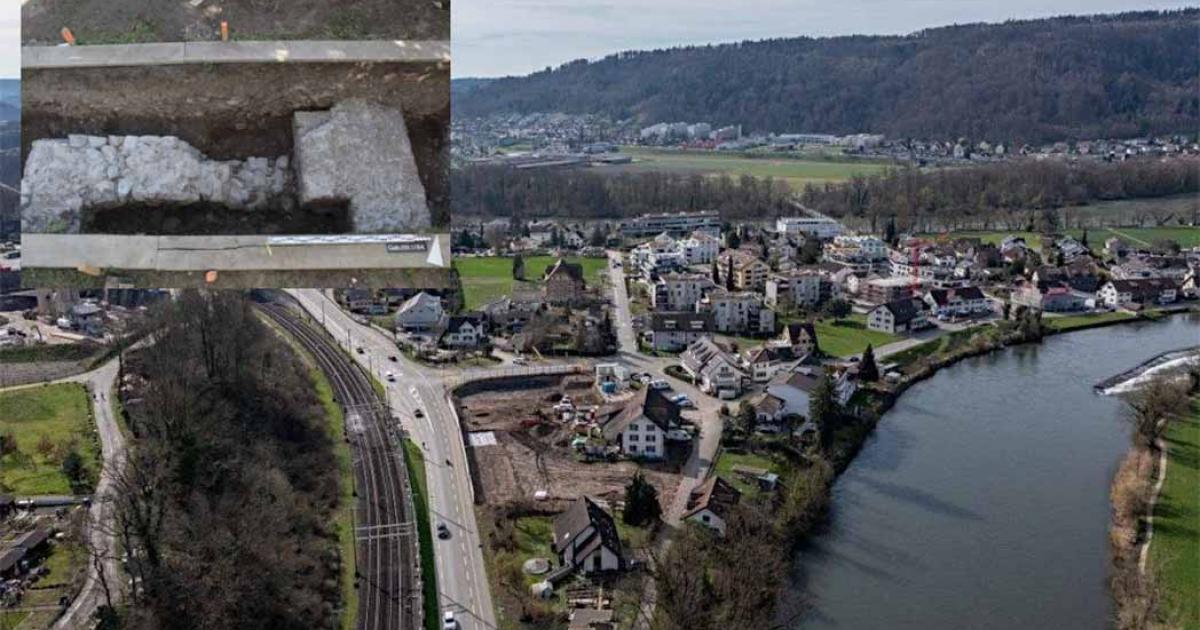 The Swiss site in Gebenstorf, and (inset) some of the unexpectedly large and extensive Roman walls found by the initial archaeology. Source: Archaeology News / Cantonal archeology, © Canton Aargau.
