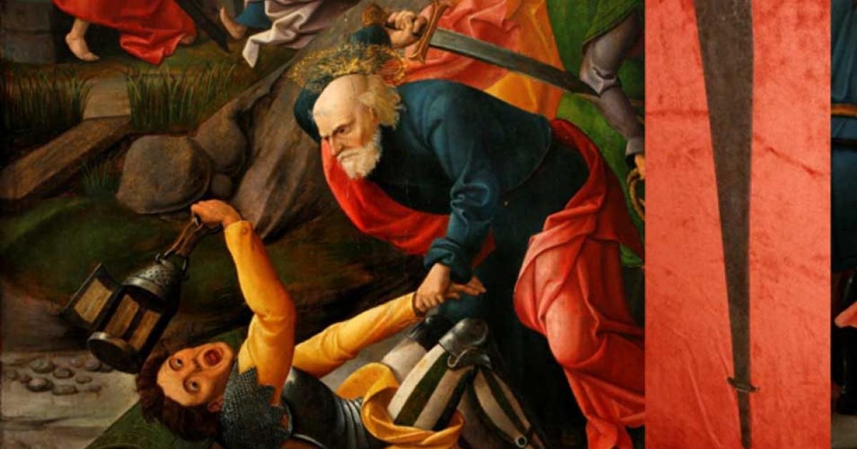 A depiction of Peter using his sword to strike Malchus (circa 1520, Musée des Beaux-Arts de Dijon).