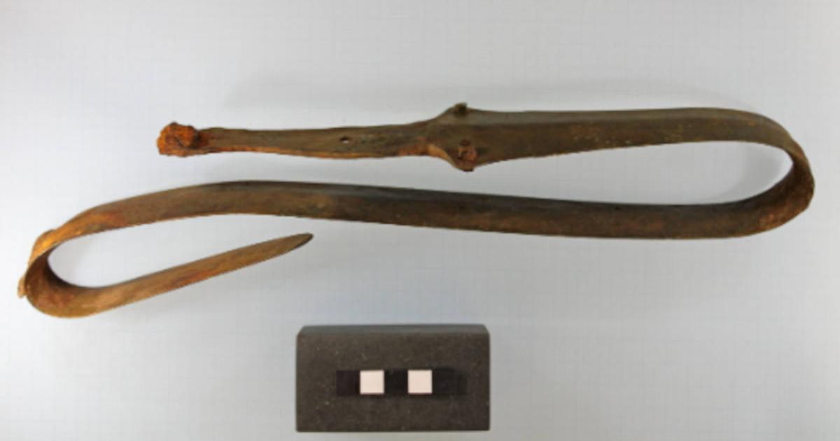 The ritually bend sword found at Værebro Ådal, Veksø, Denmark.