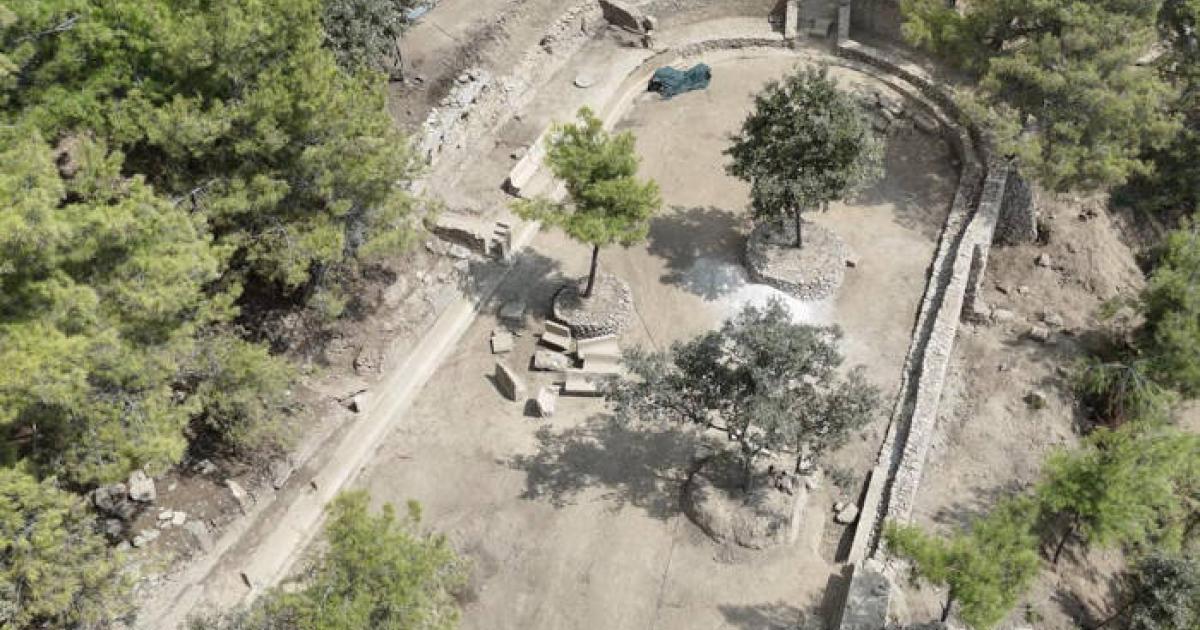 Aerial view of the 1,800-year-old Roman stadium carved into bedrock.