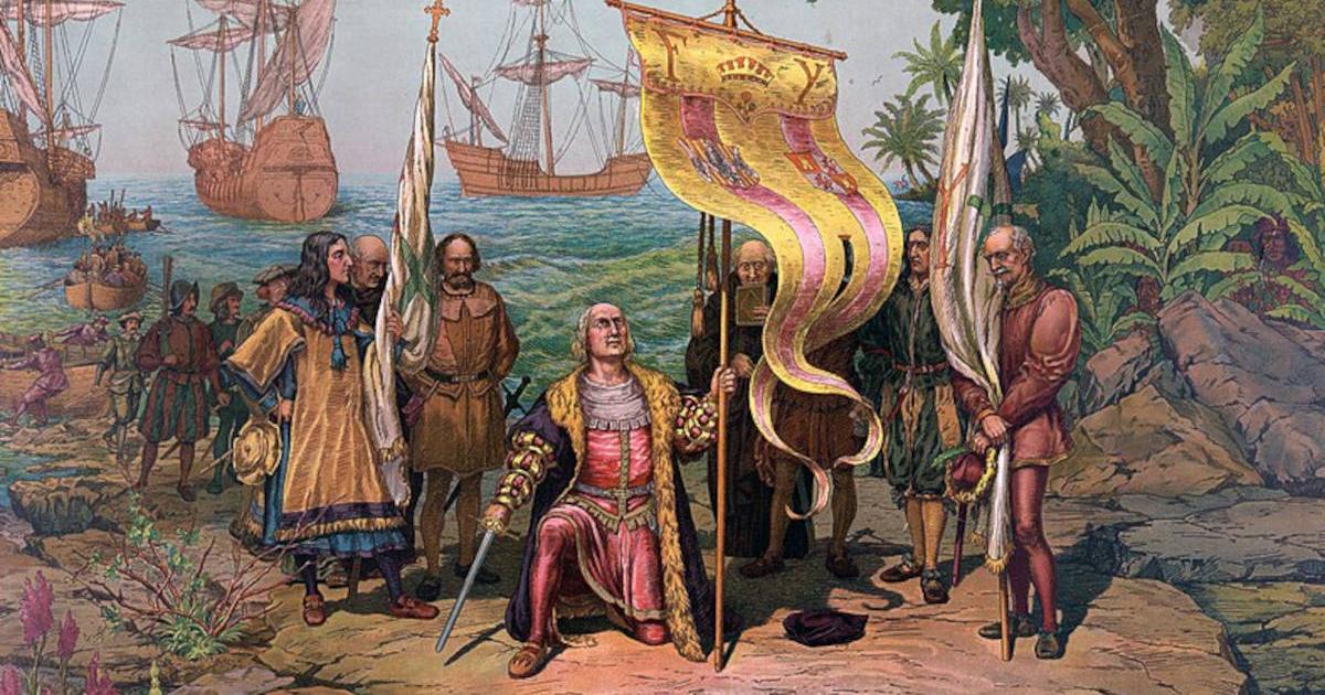 Christopher Columbus taking possession of the lands of the New World on behalf of Spain after landing on the island of Hispaniola, 1492.
