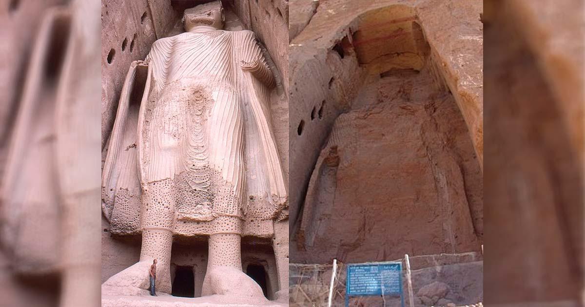Smaller Buddha of Bamiyan, before and after destruction. (Minahatithan / CC BY-SA 4.0)
