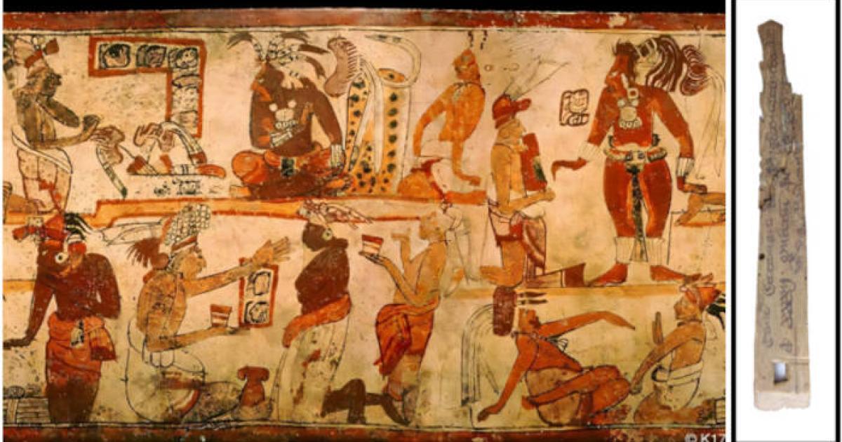 A painted late classic-period Maya royal court scene depicting tribute payments.