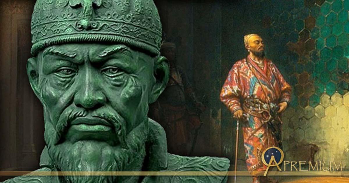 Bust of Timur ( CC BY-SA 3.0 ), and Timur standing with cane (Public Domain)