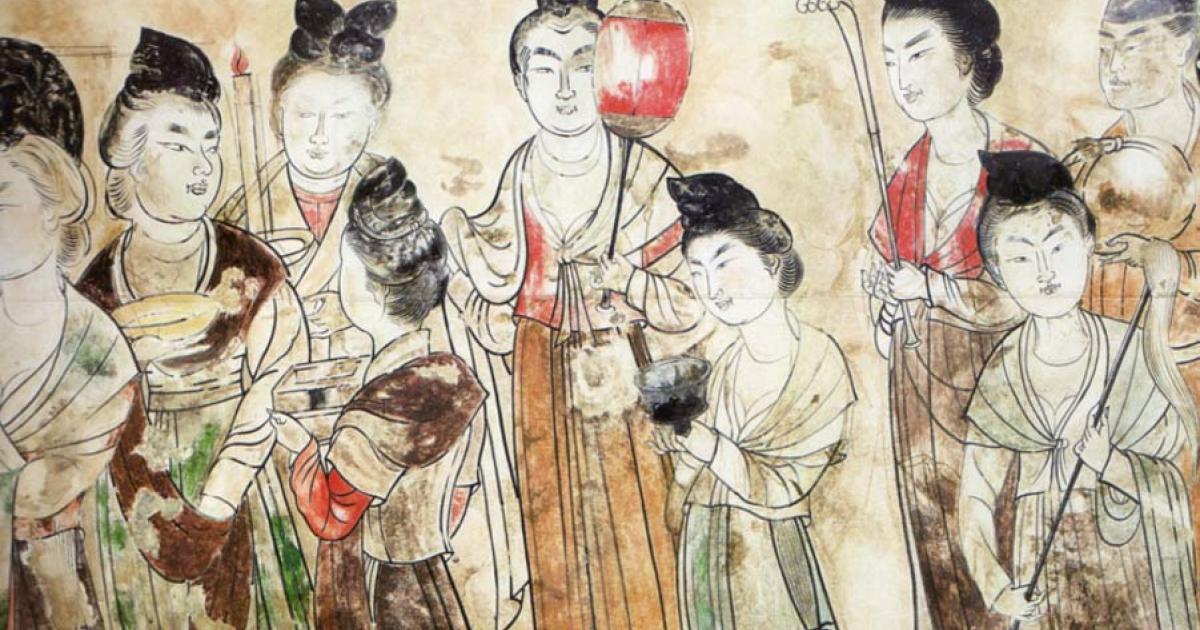 Tang court ladies carrying precious treasures, from the tomb of Princess Yongtai in the Qianling Mausoleum, near Xi'an in Shaanxi, China. 706 AD.