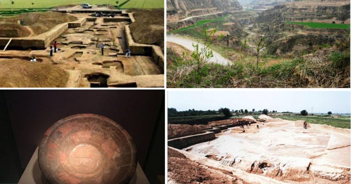 Images of the Taosi site in China, as well as a painted plate with dragon design found at the site 