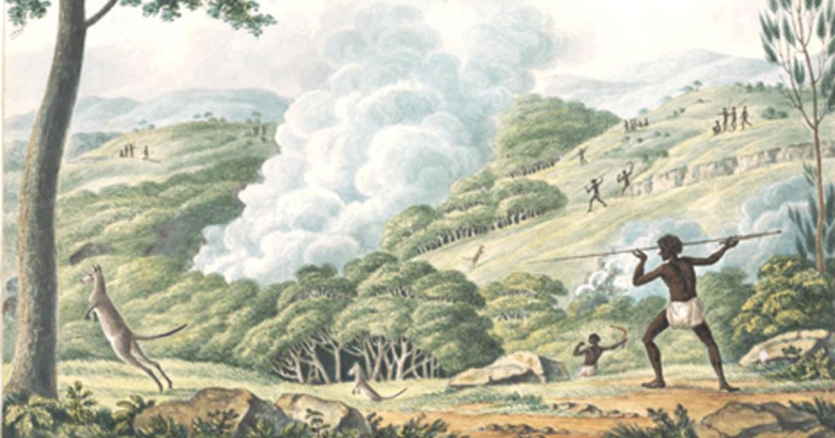 Aborigines using fire to hunt kangaroos by Joseph Lycett (ca. 1817)  Source: The Conversation / National Library of Australia