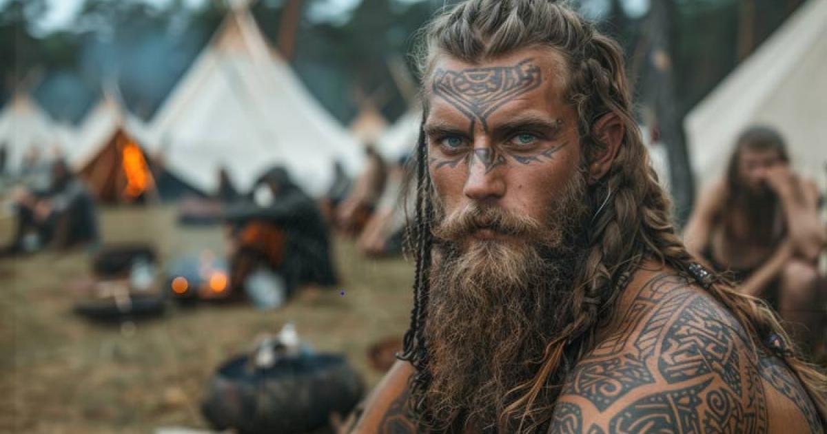 Tattooed Viking man in traditional attire within a historical encampment scene, AI generated.	 Source: Larisa AI/Adobe Stock