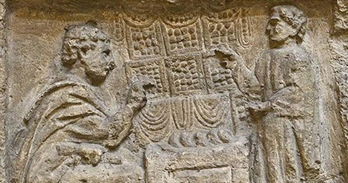 Roman tax collector calculating someone's taxes on an abacus