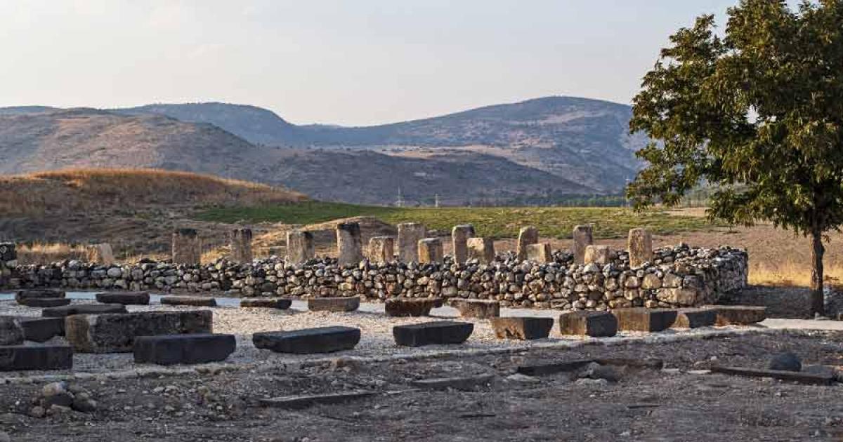 Ruins of an Israelite stone storehouse made with pillars and columns at the Tel Hazor Archaeological Park in Israel. 