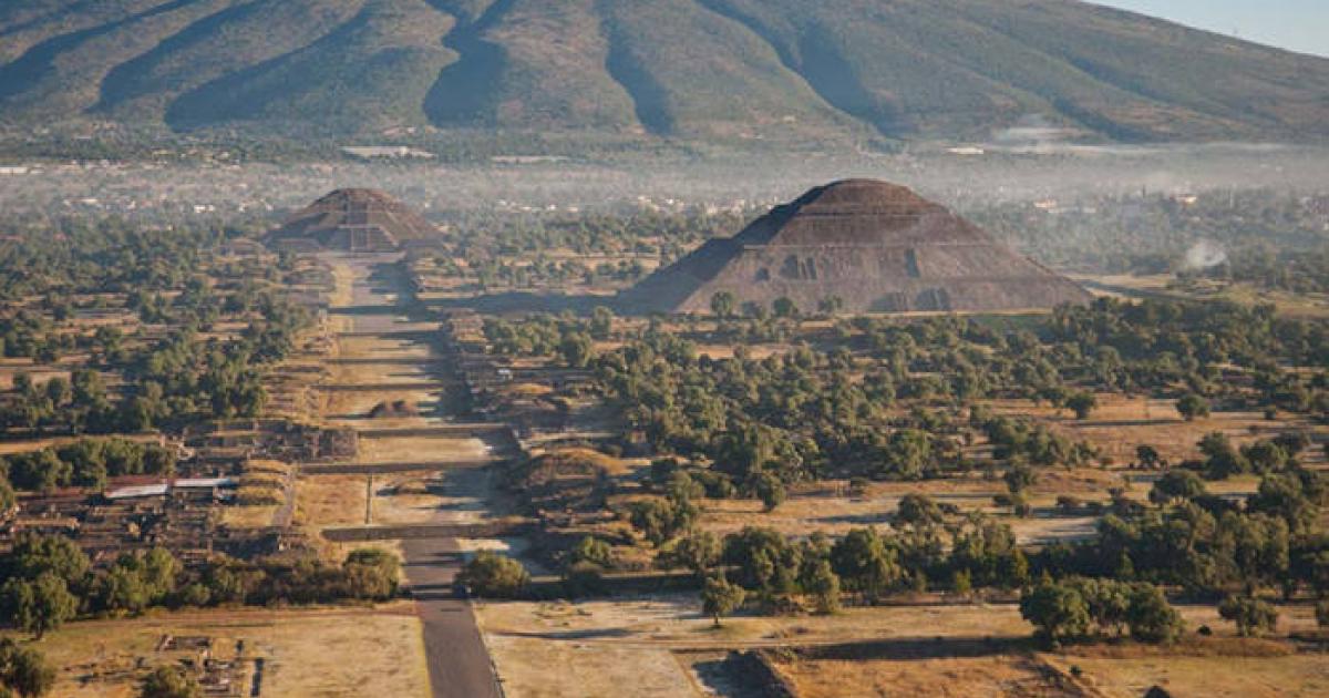 Panoramic view of Teotihuacan in Mexico showing the ancient pyramids and ceremonial complex 