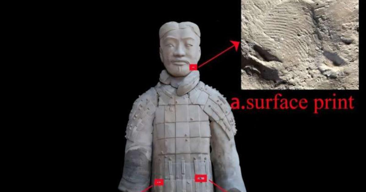 Terracotta figurine and one of the fingerprints on it.  