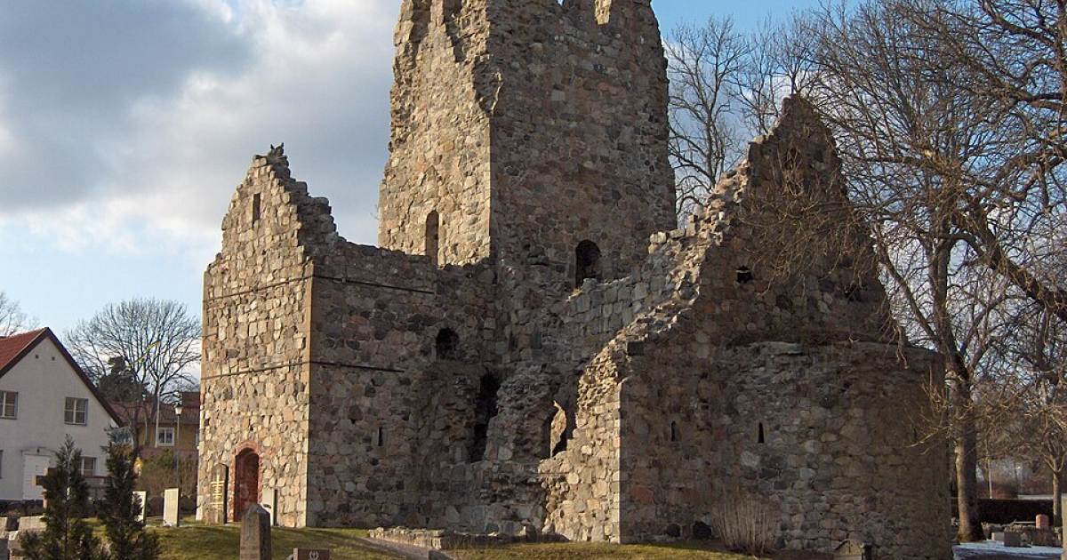 The ruins of the twelfth-century Church of Saint Olof in Sigtuna, Sweden. Dedicated to Saint Olaf of Norway, the church reflects the spread of Romanesque architecture and Christianity throughout medieval Scandinavia