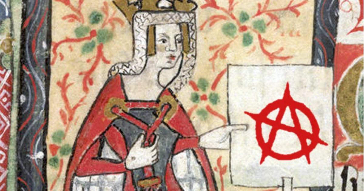 Portrait of Empress Mathilda, from "History of England" by St. Albans monks (15th century); the beginning of The Anarchy. (Overlay, modern Anarchy sign)                Source: Public Domain (Overlay; Public domain)