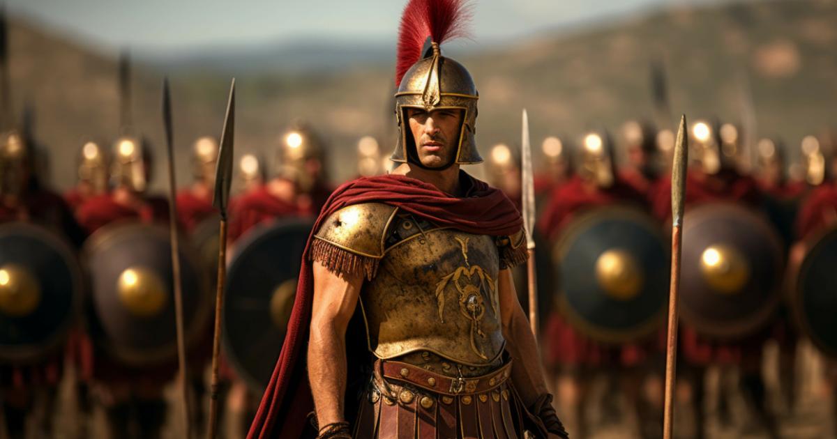 AI generated Roman centurion leading a legion of soldiers in a military formation. 