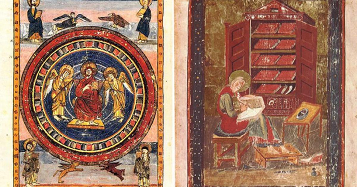 Maiestas Domini page from Codex Amiatinus (fol. 796v), Firenze, Biblioteca Medicea Laurenziana and folio 5r from the Codex Amiatinus (Florence, Biblioteca Medicea Laurenziana, MS Amiatinus 1), Ezra the scribe. "When the sacred books had been consumed in the fires of war, Ezra repaired the damage." 