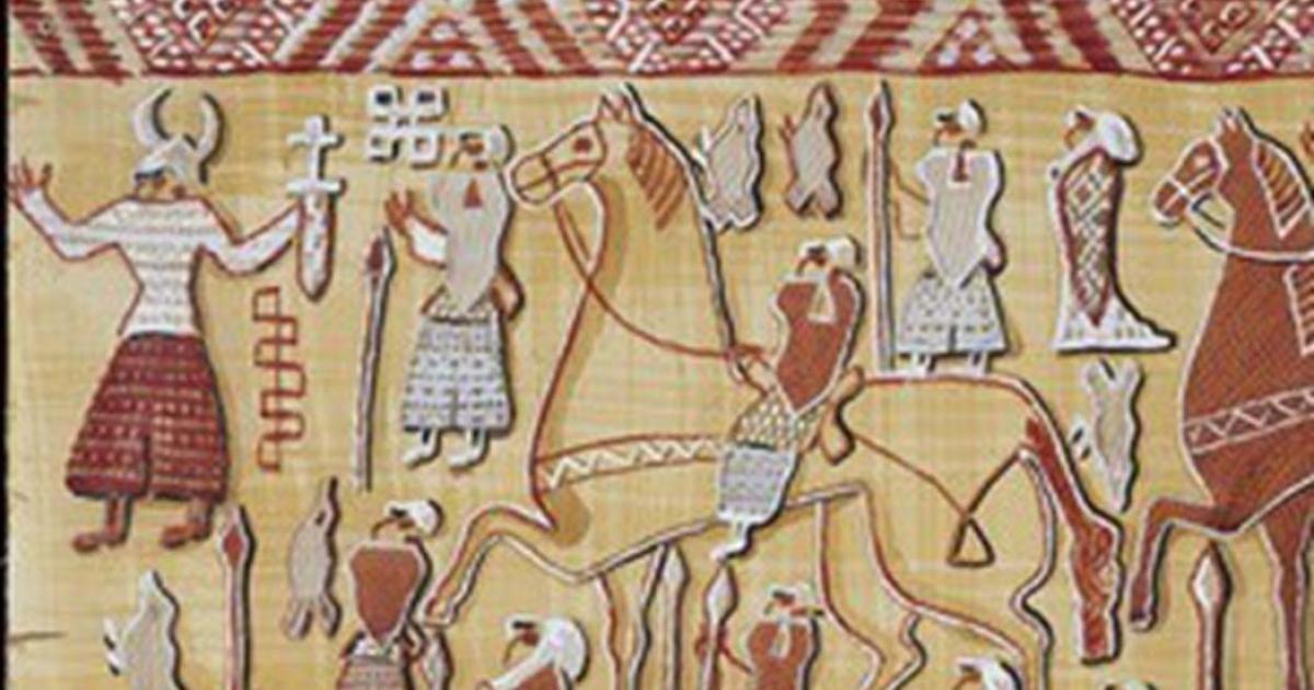 Section of tapestry discovered in the Oseberg ship burial mound showing a figure wearing a horned helmet.