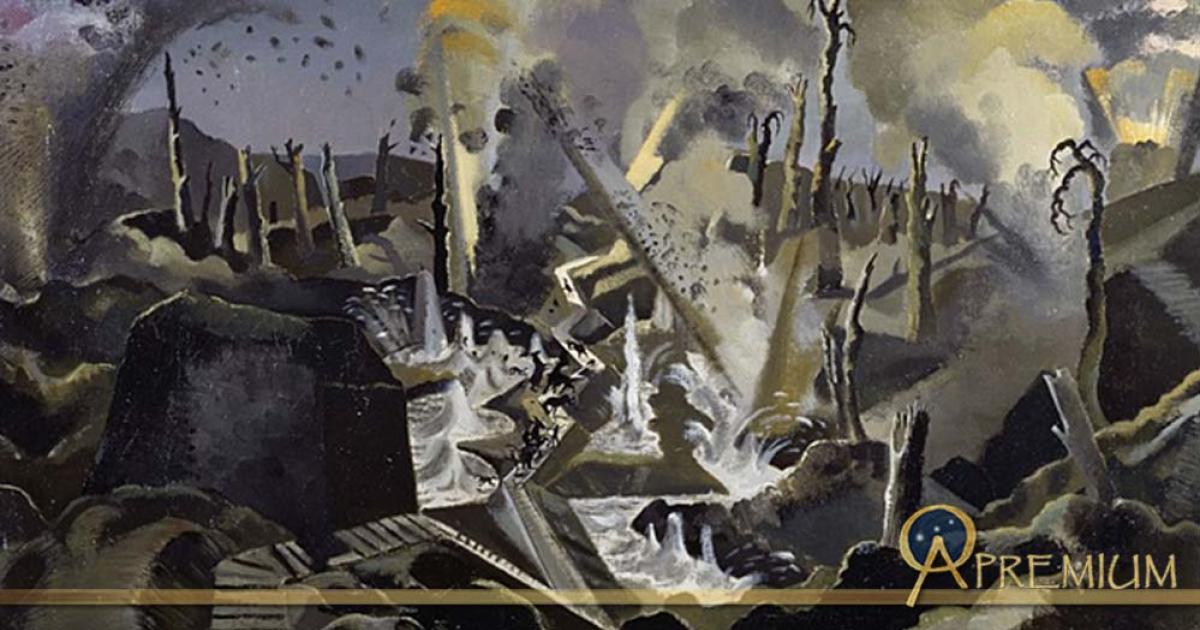 The view across a battlefield undergoing heavy bombardment by Paul Nash 1918 commissioned by the Ministry of Information