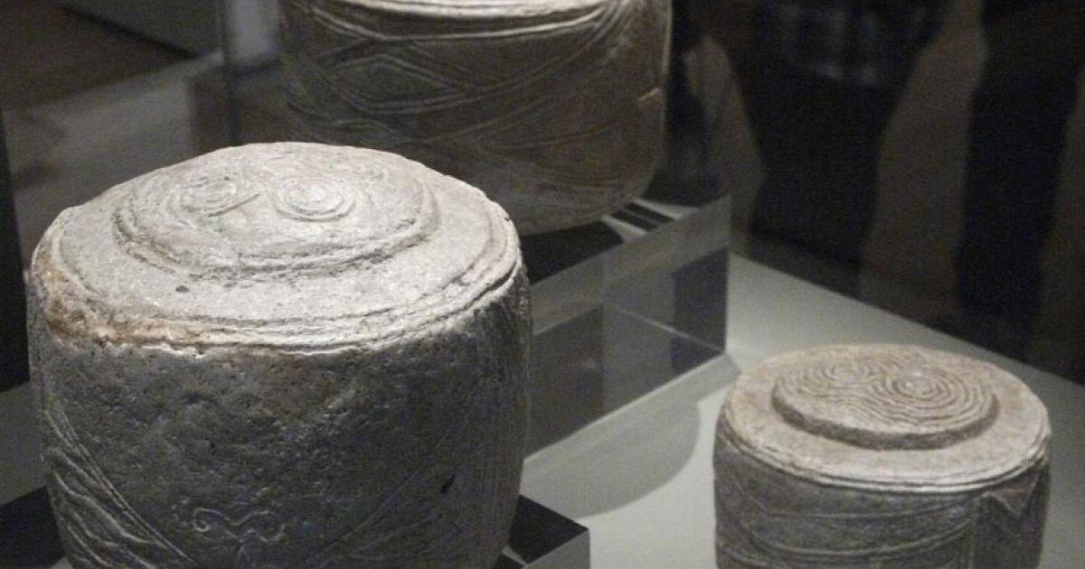The Folkton Drums were found in East Yorkshire, England, and are on display in the British Museum.