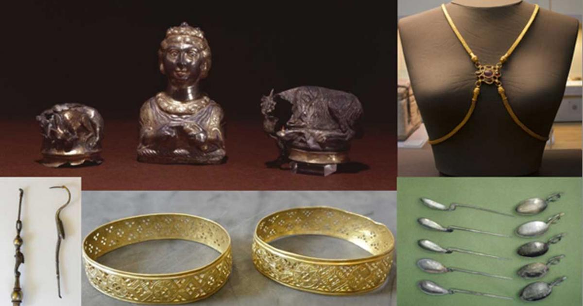 Three silver-gilt Roman piperatoria or pepper pots (CC BY NC SA 4.0), a gold body chain (Mike Peel/CC BY SA 4.0), toiletry items (Fæ/CC BY SA 3.0), two gold bracelets (Fæ/CC BY SA 3.0), and spoons (CC BY NC SA 4.0) found in the Hoxne hoard.