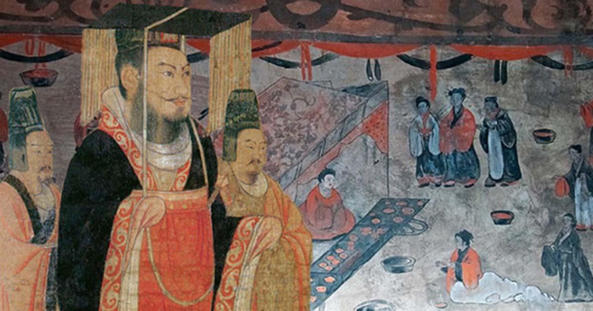Liu Xiu, Emperor Guangwu of Han, Liu Heng, Emperor Wen of Han, or Cao Pi, King of Wei. (Public Domain) Background: Dahuting tomb banquet scene, mural detail, Eastern Han Dynasty. (Public Domain)