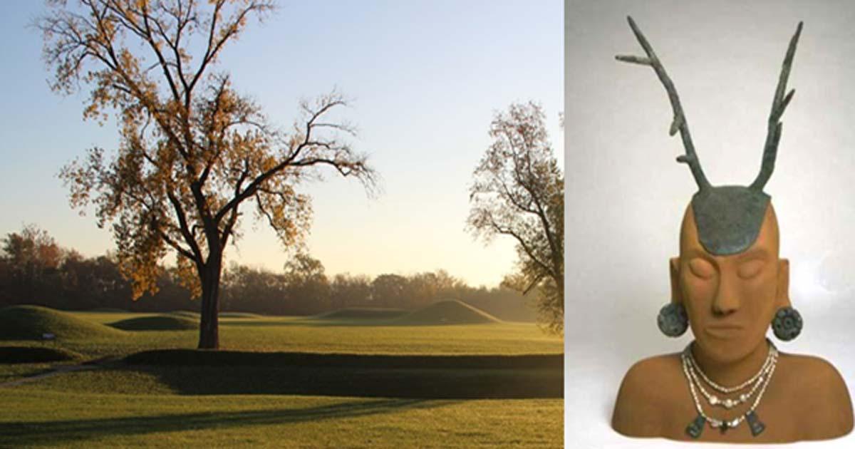 An early morning view of the Mound City Group. (NPS Photo / Tom Engberg) Hopewell copper antler headdress on a mannequin. (University of Nebraska Lincoln/CC BY NC 4.0)