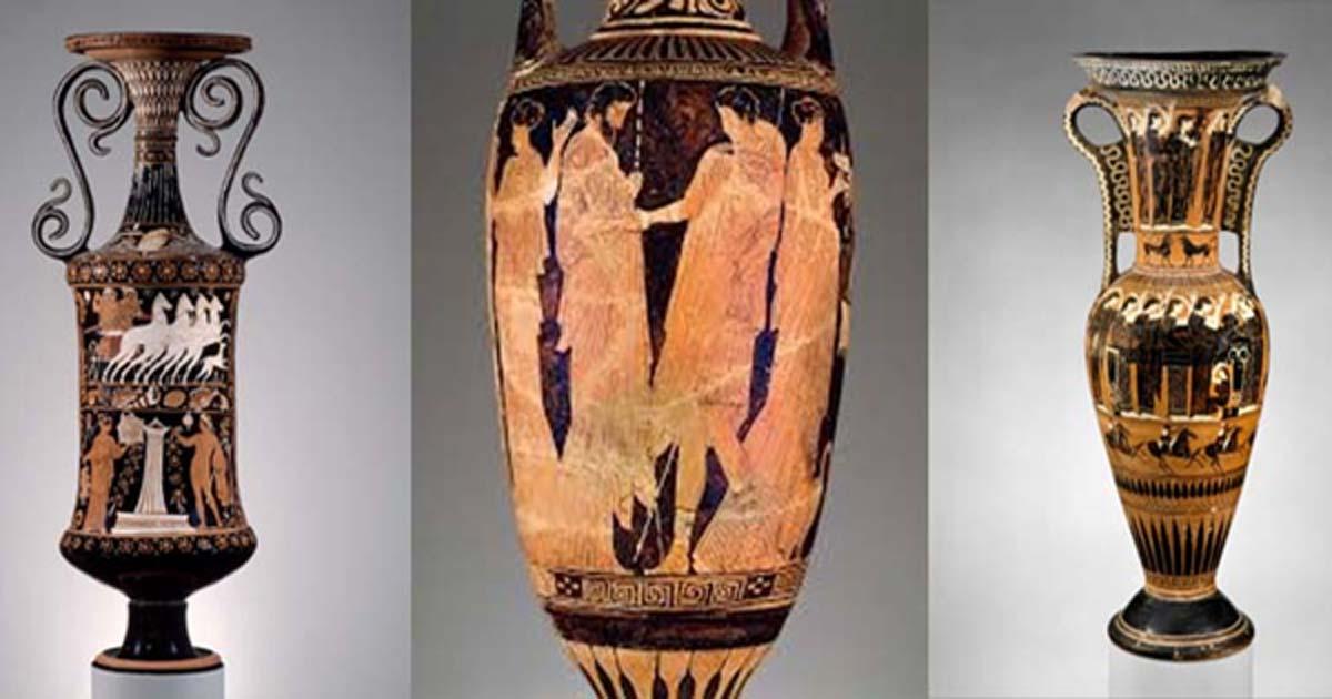 Loutrophorai: Greek, Attica, c.440BC, (Penn Valley); Greek, Classical Period, 450–425 BC (MFA);Greek, South Italian, Early Hellenistic Period c.320–310 BC