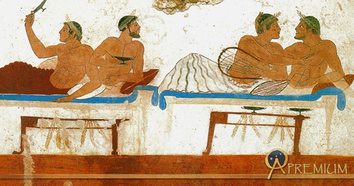 Pederastic couples at a symposium, as depicted on a tomb fresco from the Greek colony of Paestum in Italy. 